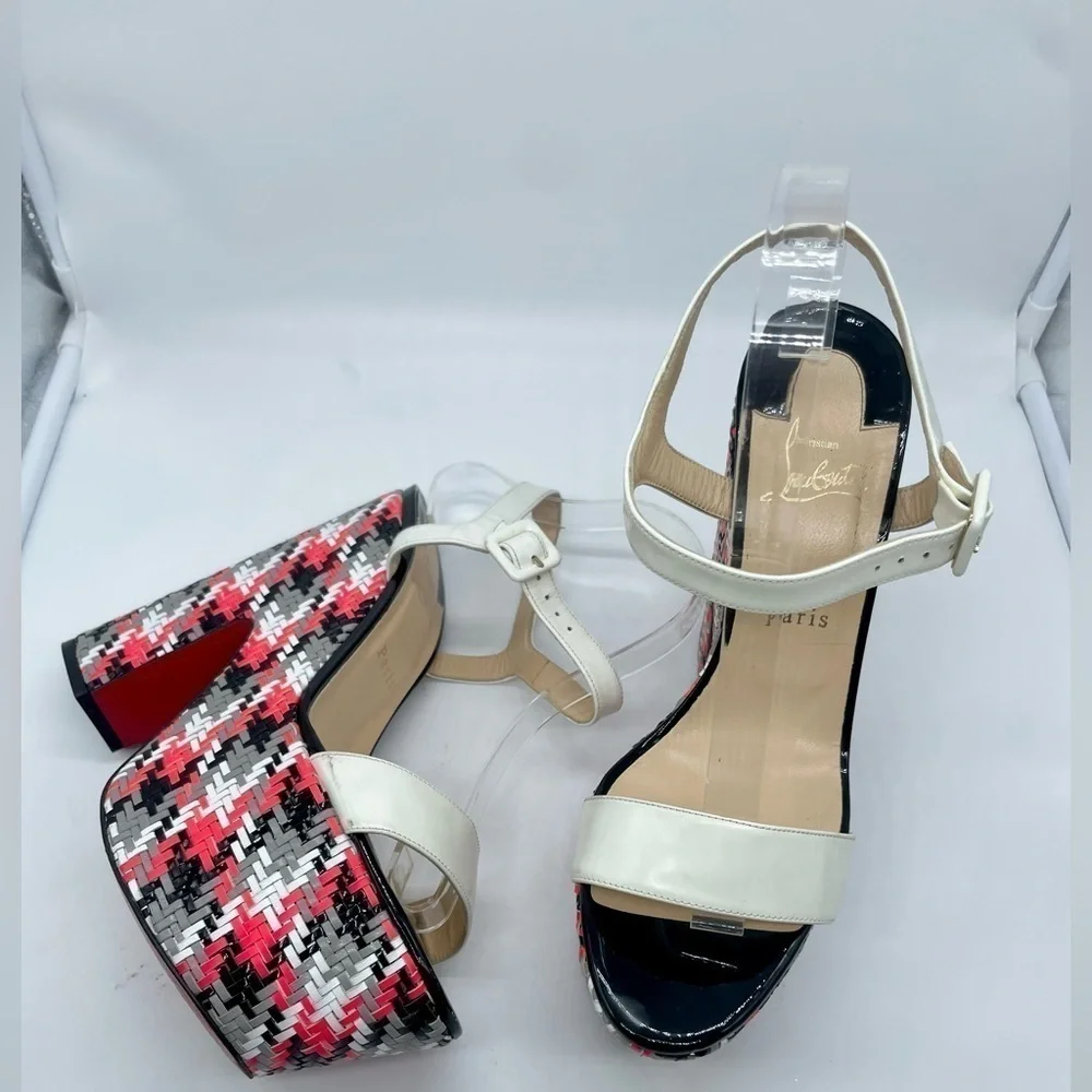 Christian Louboutin Rare bella platform sandal white leather strappy tweed 41
